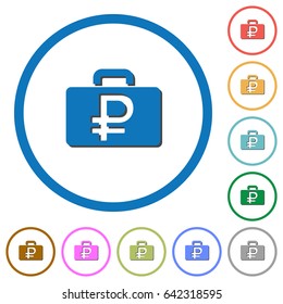 Ruble bag flat color vector icons with shadows in round outlines on white background