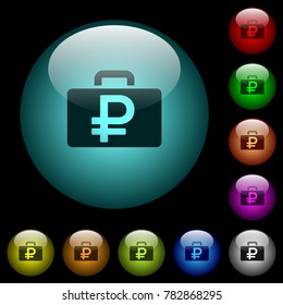 Ruble bag icons in color illuminated spherical glass buttons on black background. Can be used to black or dark templates