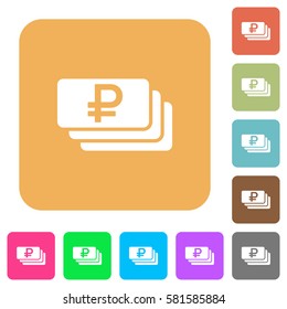 Ruble banknotes flat icons on rounded square vivid color backgrounds.