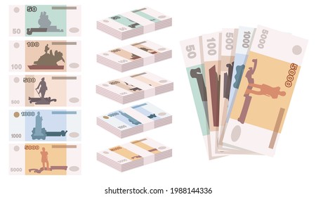Ruble banknotes of Russia illustrations in cartoon style. Stacks of Russian currency banknotes. Set of vector illustrations of money. Note design. Money concept for advertisement of banners design