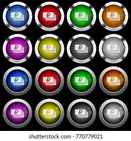 Ruble banknotes white icons in round glossy buttons with steel frames on black background. The buttons are in two different styles and eight colors.
