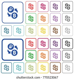 Ruble Bitcoin money exchange color flat icons in rounded square frames. Thin and thick versions included.