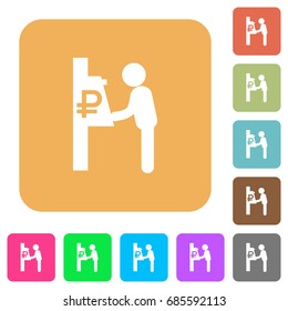 Ruble cash machine flat icons on rounded square vivid color backgrounds.