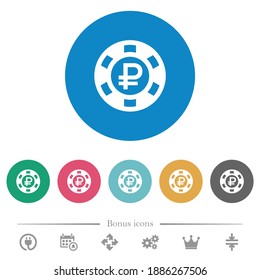 Ruble casino chip flat white icons on round color backgrounds. 6 bonus icons included.