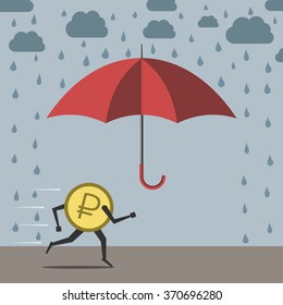 Ruble coin character running to umbrella from rain. Crisis, banking, savings, investment, panic, money, taxes, economy concept. EPS 8 vector illustration, no taransparency