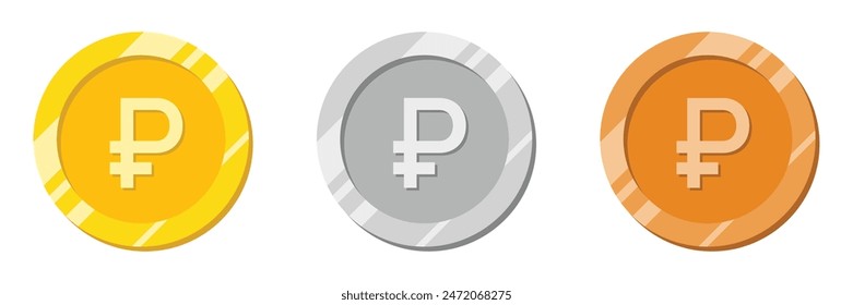 Ruble coin in golden color. Russian currency with shiny effect vector illustration in gold, silver and bronze color. Ruble coin vector.