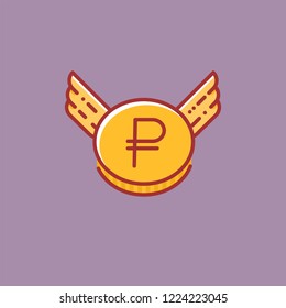 Ruble coin with wings vector icon, flat line design sign