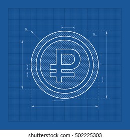 Ruble currency logo sign styled as blueprint. Vector illustration rouble coin icon in technical backdrop paper