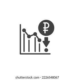 Icono vectorial de caída de rublo. signo plano relleno para concepto móvil y diseño web. Reducir el icono de glifo de gráfico de rublos. Símbolo, ilustración del logotipo. Gráficos vectoriales