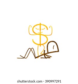 Ruble and Dollar characters. Proud shabby golden dollar standing with one leg on lying rusty ruble. Concept of difference in exchange rates
