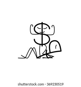 Ruble and Dollar characters. Proud dollar standing with one leg on lying ruble. Concept of difference in exchange rates. Liner flat style vector illustration