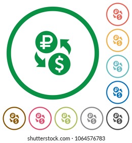 Ruble Dollar money exchange flat color icons in round outlines on white background