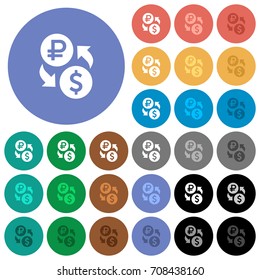 Ruble Dollar money exchange multi colored flat icons on round backgrounds. Included white, light and dark icon variations for hover and active status effects, and bonus shades on black backgounds.