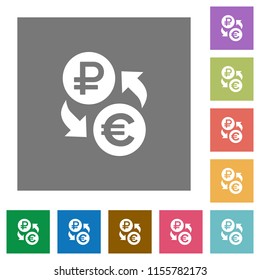 Ruble Euro money exchange flat icons on simple color square backgrounds