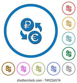 Ruble Euro money exchange flat color vector icons with shadows in round outlines on white background