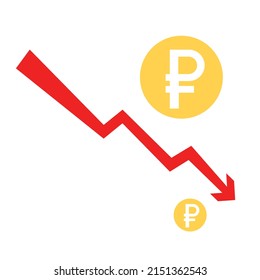 Ruble fall flat icon illustration. Ruble going down concept.