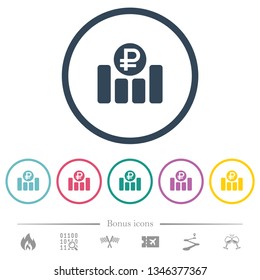 Ruble financial graph flat color icons in round outlines. 6 bonus icons included.