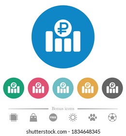 Ruble financial graph flat white icons on round color backgrounds. 6 bonus icons included.