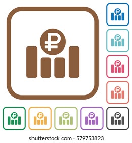 Ruble financial graph simple icons in color rounded square frames on white background
