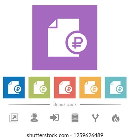Ruble financial report flat white icons in square backgrounds. 6 bonus icons included.
