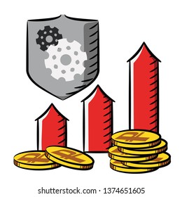 Ruble Growth Chart. Сoins, up arrow on white background. Icon. Symbol. Sign. Stock vector illustration. Isolated.