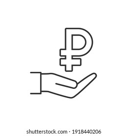 Ruble in hand line icon isolated on white background. Vector illustration