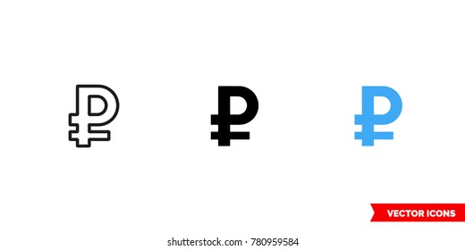 Ruble icon of 3 types: color, black and white, outline. Isolated vector sign symbol.