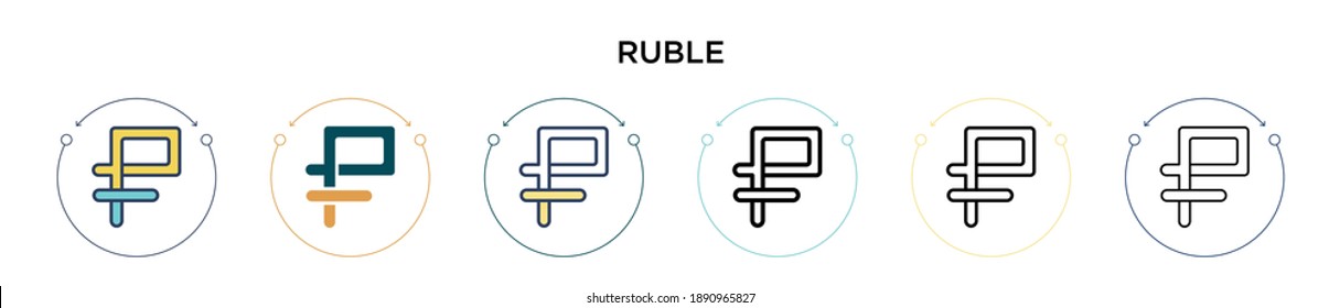 Icono de rublo en estilo relleno, delgado, contorno y trazo. Ilustración vectorial de dos diseños de iconos vectoriales de rublos de color y negro se puede usar para móviles, ui, web