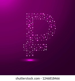 Ruble icon in low poly style consisting of points, lines, and shapes in the form of planets, stars and the universe.