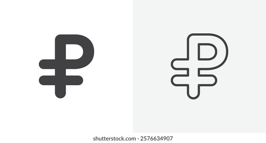 Ruble icon set in black flat solid and outlined style.