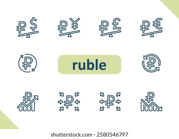 Ruble icons. Russian rouble, currency, money, investment, savings vector icon set