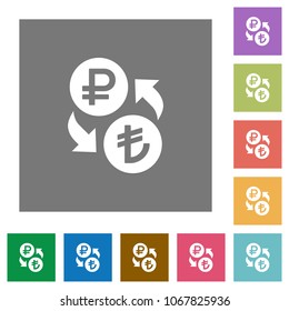 Ruble Lira money exchange flat icons on simple color square backgrounds