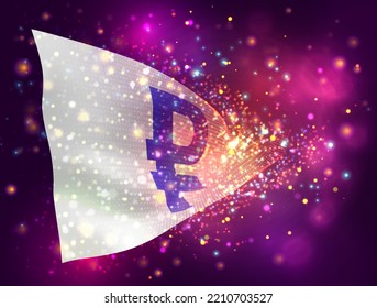 Ruble, on vector 3d flag on pink purple background with lighting and flares