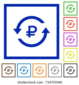 Ruble pay back flat color icons in square frames on white background