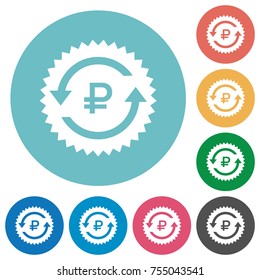 Ruble pay back guarantee sticker flat white icons on round color backgrounds