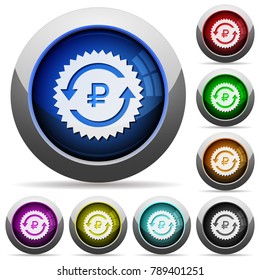 Ruble pay back guarantee sticker icons in round glossy buttons with steel frames