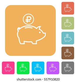 Ruble piggy bank flat icons on rounded square vivid color backgrounds.