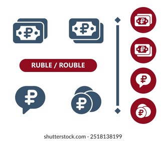 Ruble, rouble icons. Ruble, rouble bill, banknote, cash, money, chat bubble, coins, coin icon. Professional, 32x32 pixel perfect vector icon.