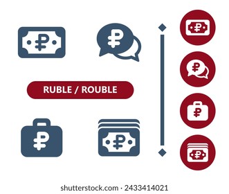 Ruble, rouble icons. Ruble, rouble bill, bills, banknote, cash, money, chat bubble, briefcase, wealth icon. Professional, 32x32 pixel perfect vector icon.