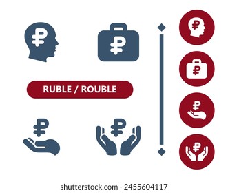 Ruble, rouble icons. Head, thinking, wealth, briefcase, suitcase, hands, Ruble, rouble symbol icon. Professional, 32x32 pixel perfect vector icon.