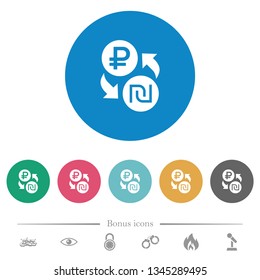 Ruble Shekel money exchange flat white icons on round color backgrounds. 6 bonus icons included.