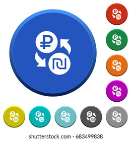 Ruble Shekel money exchange round color beveled buttons with smooth surfaces and flat white icons
