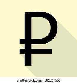 Ruble sign. Black icon with flat style shadow path on cream background.