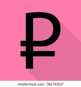 Ruble sign. Black icon with flat style shadow path on pink background.