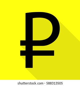 Ruble sign. Black icon with flat style shadow path on yellow background.