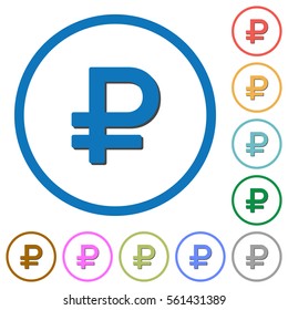 Ruble sign flat color vector icons with shadows in round outlines on white background