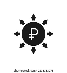 Ruble sign with multi-directional arrows. Spread of money. Financial deployment