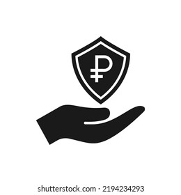 Señal de rublo con escudo en la mano. Protección de dinero, icono de pago seguro aislado en fondo blanco. Ilustración del vector