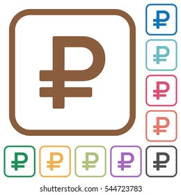 Ruble sign simple icons in color rounded square frames on white background