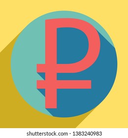 Ruble sign. Sunset orange icon with llapis lazuli shadow inside medium aquamarine circle with different goldenrod shadow at royal yellow background.